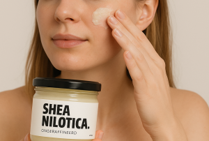 Vrouw smeert Shea Nilotica op gezicht