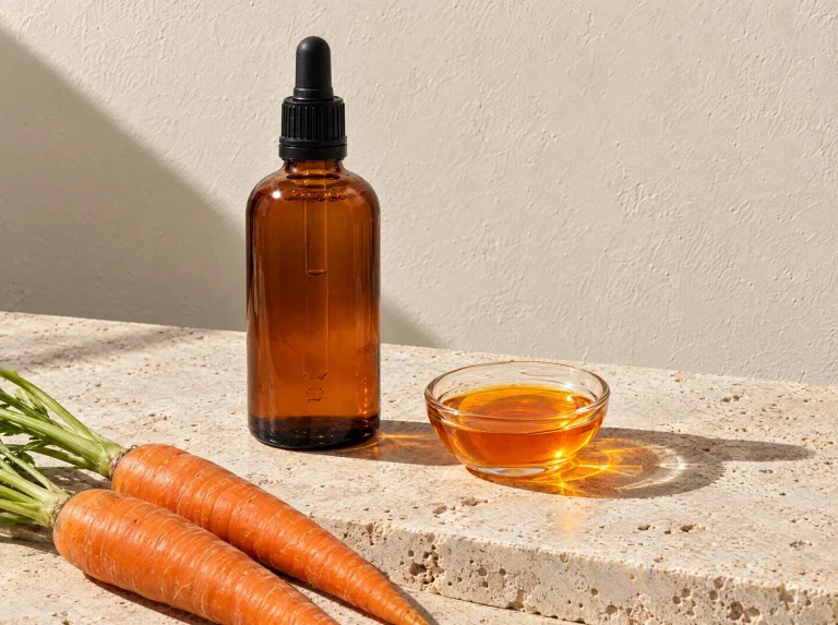 Bruine pipetfles van 100 ml naast een glazen schaaltje met oranje wortelolie en twee wortels op travertijn in de zon