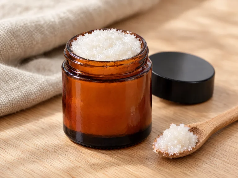 Bruin glazen potje met lip scrub van suiker en kokosolie, met een houten lepeltje